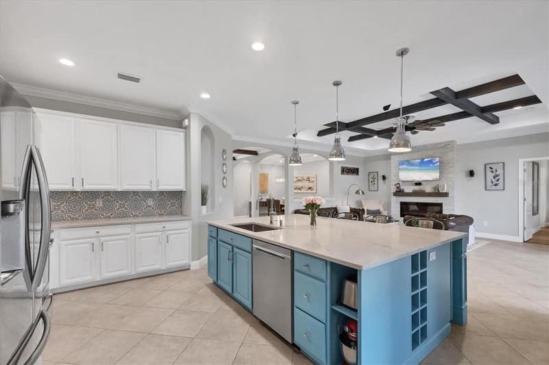 Kitchen island open to the dining area