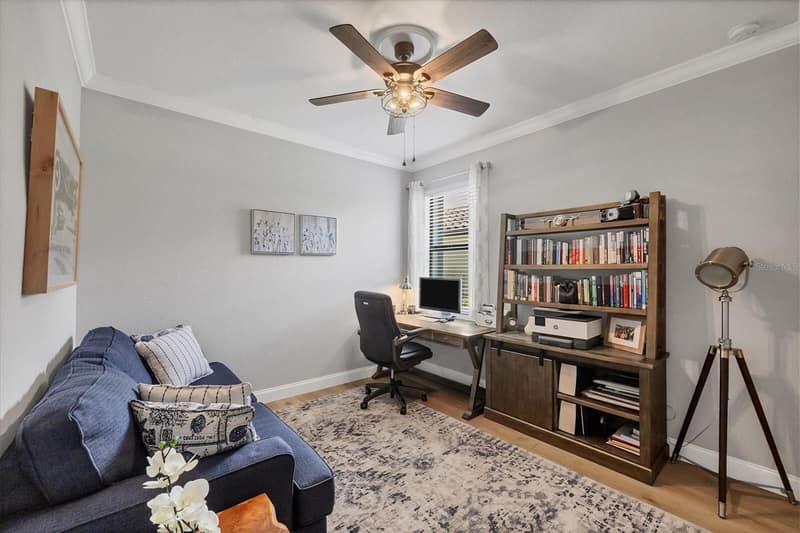 Desk, chair and bookshelf